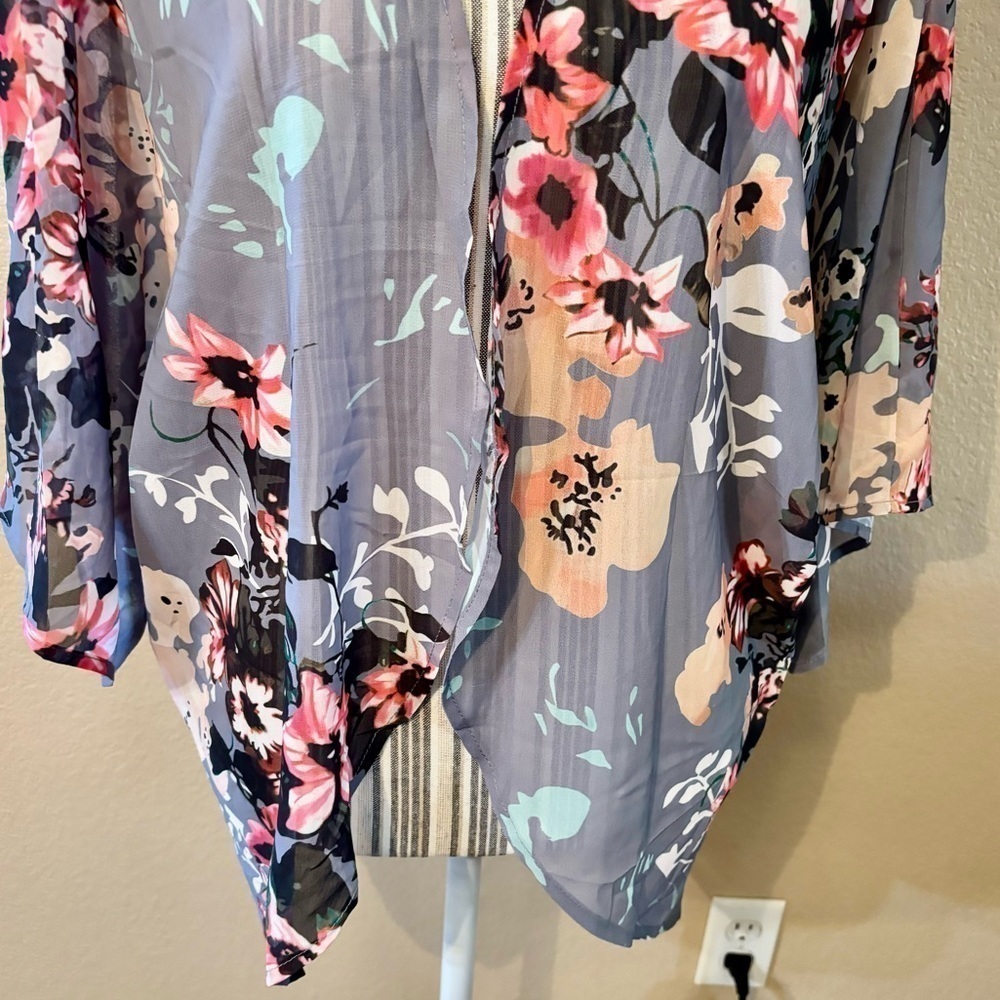 Open Cardigan Blouse Large Grey Floral Pink Gold Peach Sheer Mandarin - Picture 3 of 14